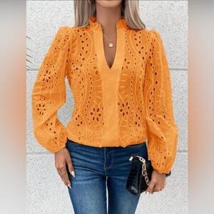 💋Sadio - NWT - Eyelet Embroidered Lantern Sleeve Blouse (Orange)